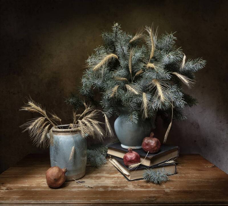 натюрморт, ель, колоски, гранат Зимнийphoto preview