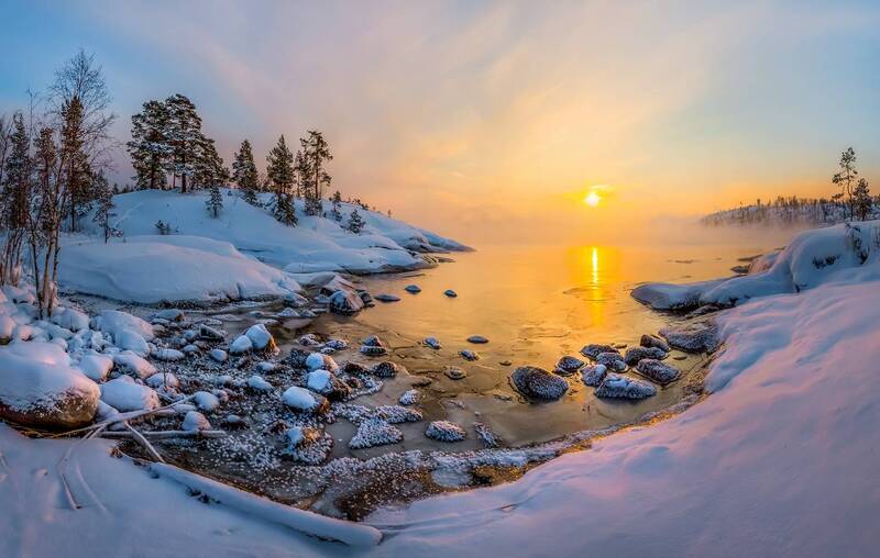 зима, зимнее, снег, снежное, в снегу, ладожское озеро, карелия, сосна, дерево, остров, скалы, рассвет, Золотая бухтаphoto preview