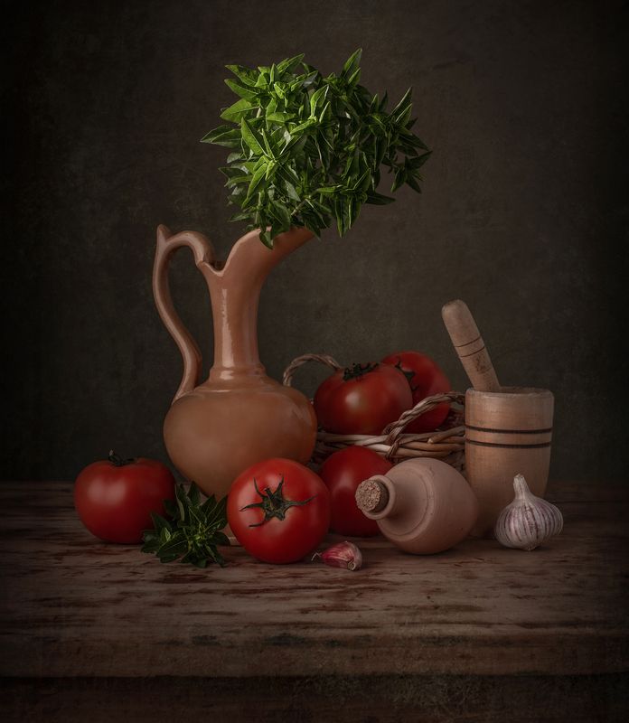 Still Life, basil, tomatoes, red, green,texture Basilphoto preview