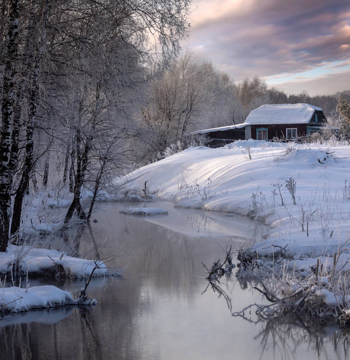 Зимний вечер на Алтае. Автор: Павел Ващенков алтай, зима, мороз, деревня, природа, снег, закат, Павел Ващенков