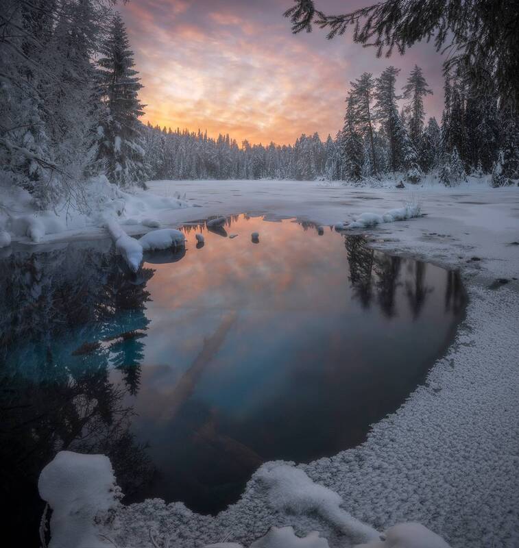 зима, утро, озеро, вода, снег, мороз Утро на озере фото превью