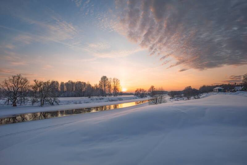 зима,снег,вечер,закат,река,солнце,небо,облака,свет,отражение зимний закатphoto preview