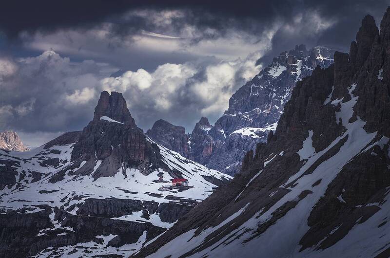 landscape, nature, scenery, spring, snow, ice, clouds, peak, peaks, hut, clouds, mountain, panorama, dolomiti, пейзаж, весна, горы Where the peaks entwine the cloudsphoto preview