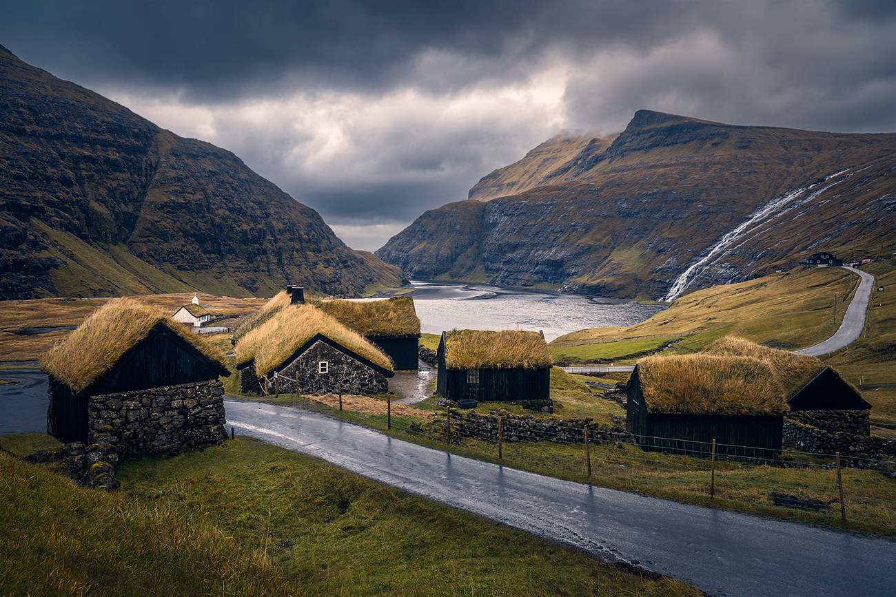landscape, nature, scenery, sunrise, sea, rocks, island, houses, village, пейзаж, faroe, Александър Александров