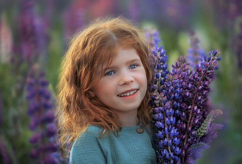 Девочка, рыжие волосы, поле цветов, люпины, вечер, лето Рыжик фото превью