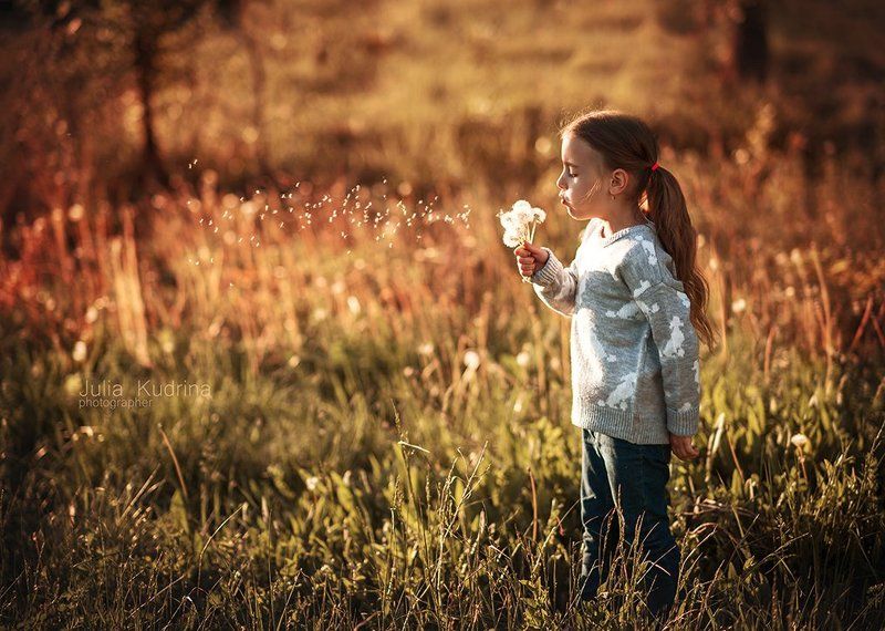 Девочка, Детский портрет, Закат, Одуванчики, Ребенок, Свет, Сирень, Солнце Василисаphoto preview