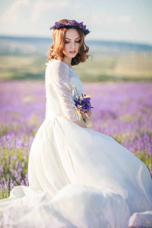 Белое платье, Венок, Девушка, Крым, Лаванда, Невеста, Нежность, Поле, Цветы, Юная Лавандовая нежностьphoto preview