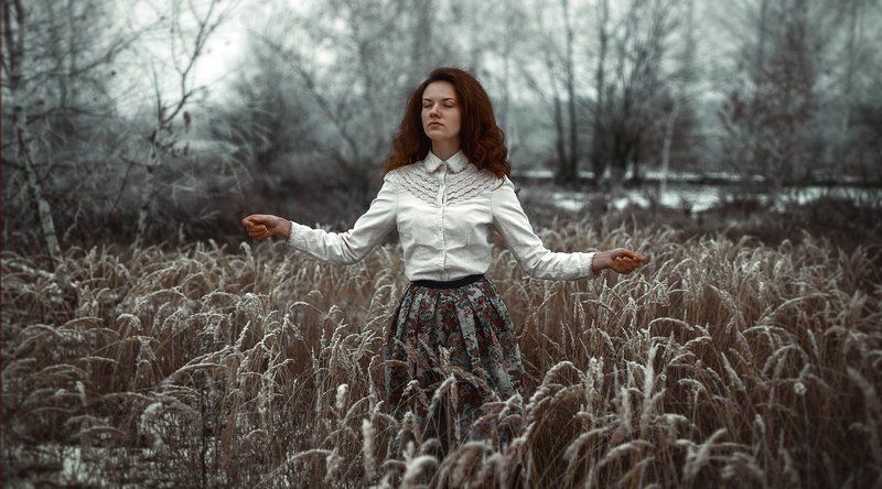 зима, поле, девушка, снежная, снег зима фото превью