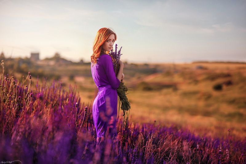red hair, beautiful, girl, summer, sunset, lavander, ukraine Васильковые лугаphoto preview