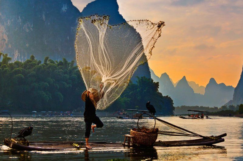 китай, река ли, рыбалка, закат Ловля сетьюphoto preview