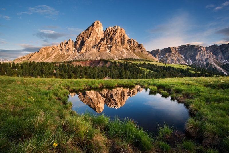 Dolomites, Italy, passo Erbe, beautiful place, beautiful, rocks, meadows, clouds, sunset, water Dolomitesphoto preview