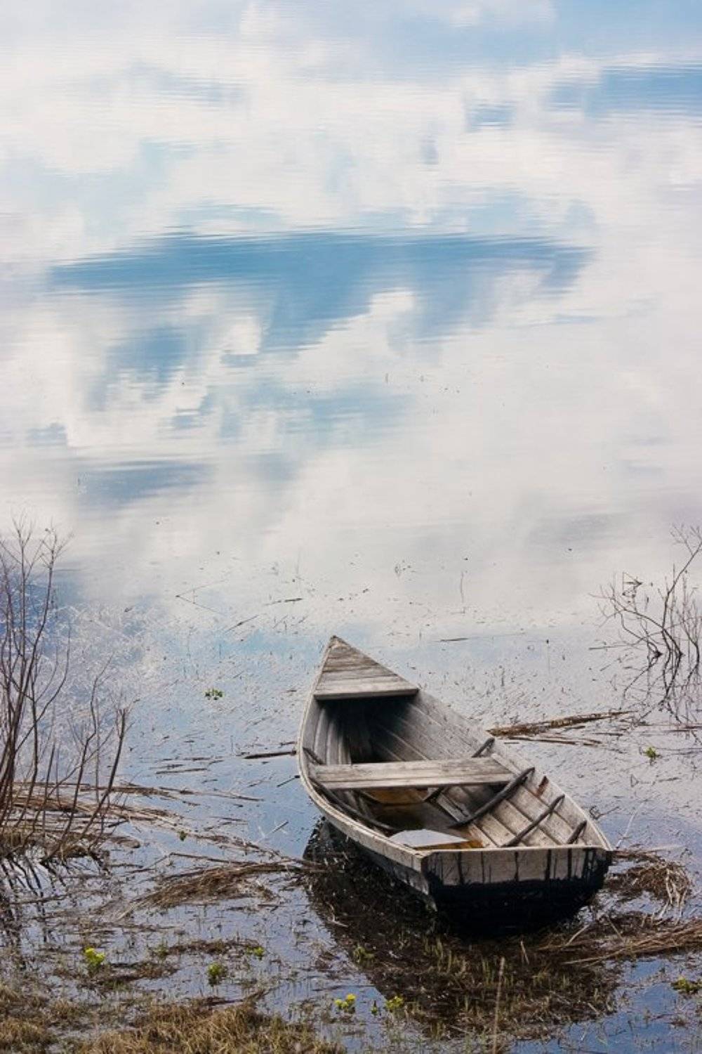 лодка, небо, облака, отражение, озеро, вода, Денис