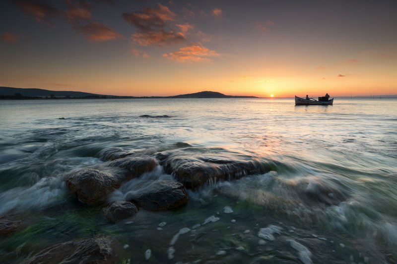 black sea, blue, blue hour, boat, clouds, fineart, fisherman, golden hour, landscape, nature, orange, red, reflection, relax, sea, seascape, sky, summer, sun, sunlight, water, yellow Рыбаки послали еще один одинокий закат ...photo preview