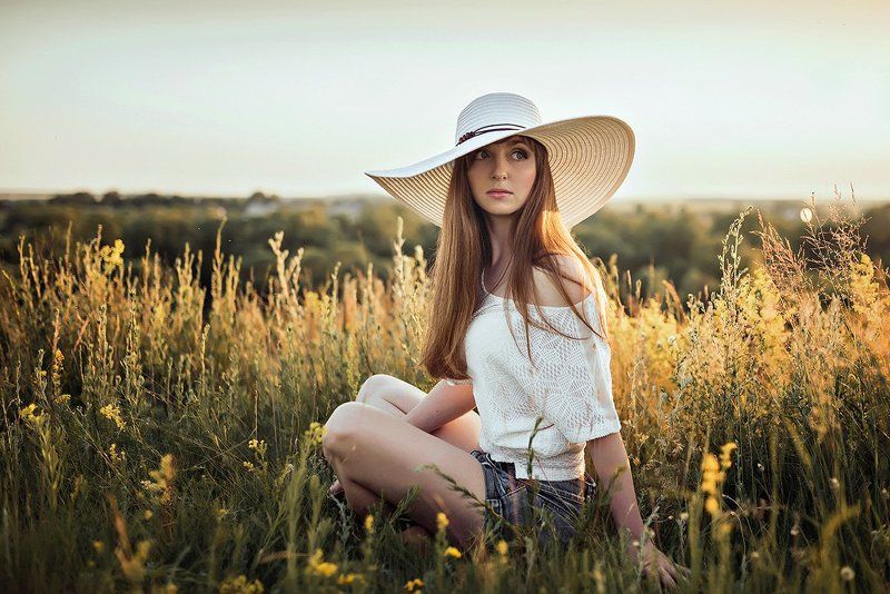 Summer, Sunlight, Sunset, Девушка, Закат, Лето, Портрет девушки, Шляпа Катяphoto preview