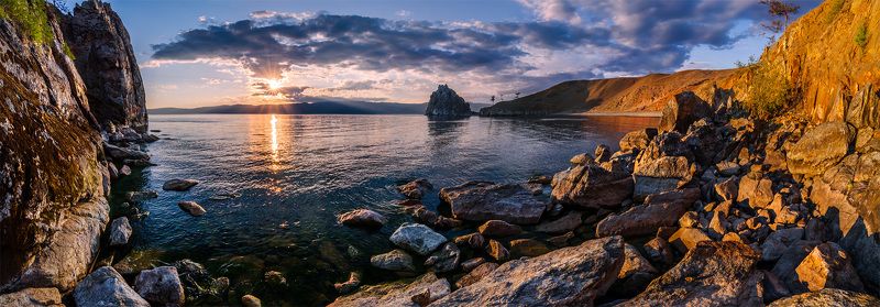 Байкал, Берег, Вечер, Закат, Лето, Небо, Облака, Озеро, Ольхон, Остров, Панорама, Пейзаж, Природа, Сибирь, Скалы, Шаманка +++photo preview