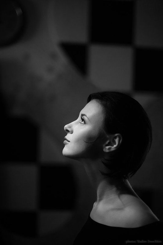 портрет девушки, профиль, ч/б, клетки, пилотный свет. Светлое прошлое фото превью
