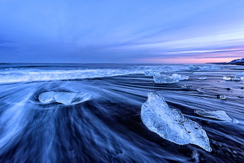 исландия, пейзаж, океан, закат, пляж, лед Бриллиантовый пляж после заката, Исландия.photo preview