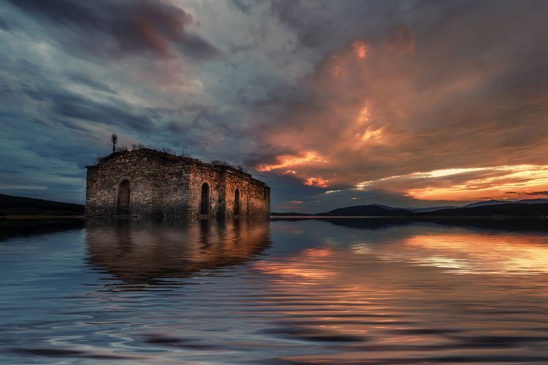 sunset, dam, water, landscape, church, clouds, sky, golden Sunsetphoto preview