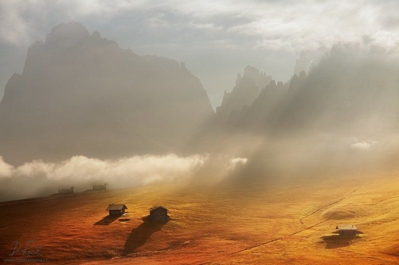 Italy, Dolomites, Alps, Alta Badia, Val Gardena, Sassolungo, Alpe di Siusi, mountains, rocks, peaks, meadow, valley, forest, trees, autumn, morning, sunrise, cottage, House, backlight, sky, clouds, morning light, sun, color photo, landscape, fog, mist, ho Fairy Dolomitesphoto preview