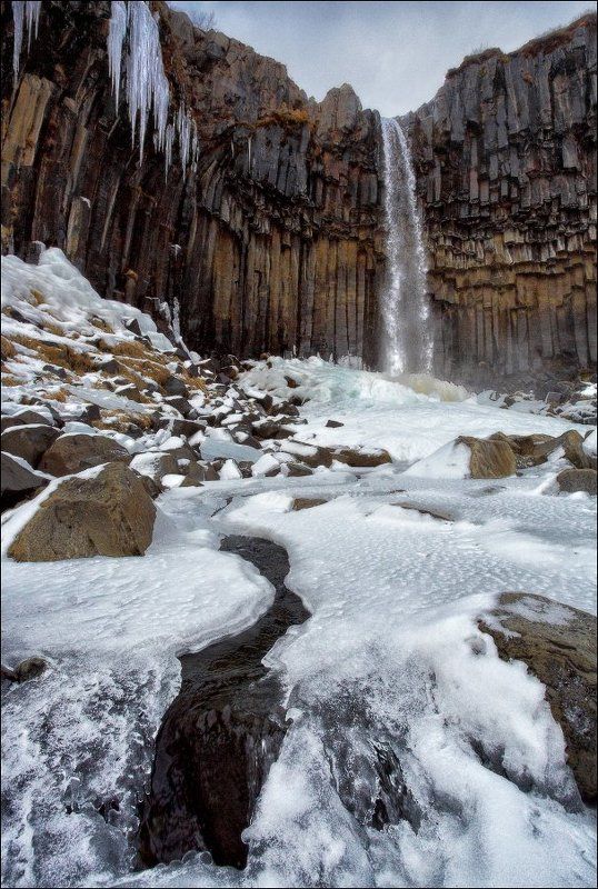Исландия Iceland Svartifoss водопад зима снег лед базальт колонны Исландия. Водопад Свартифосс (Svartifoss).photo preview