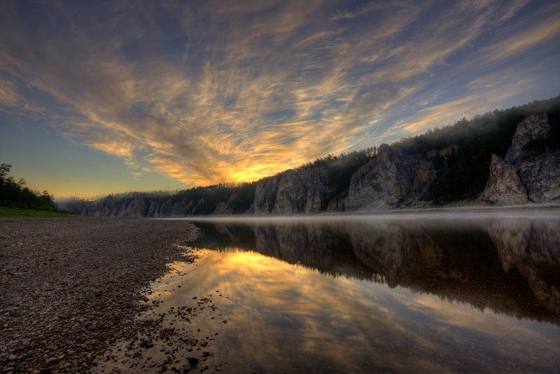 природа, река, скалы, Якутия, рассвет, север, тайга, дикая природа Начало дняphoto preview