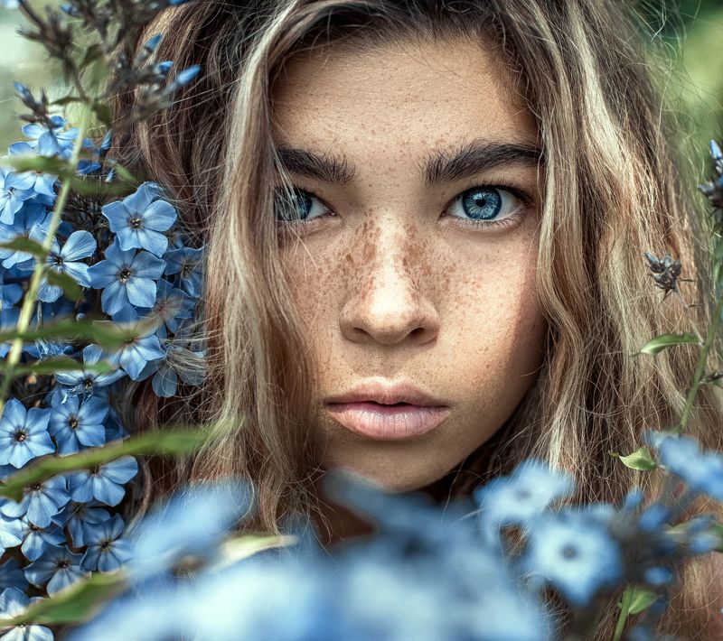 портрет, глаза, волосы, девушка, веснушки, лето, арт,  ...photo preview