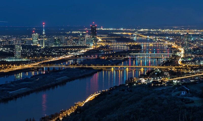 город, пейзаж, ночной город, вена, австрия Панорамный вид на ночную Вену.photo preview