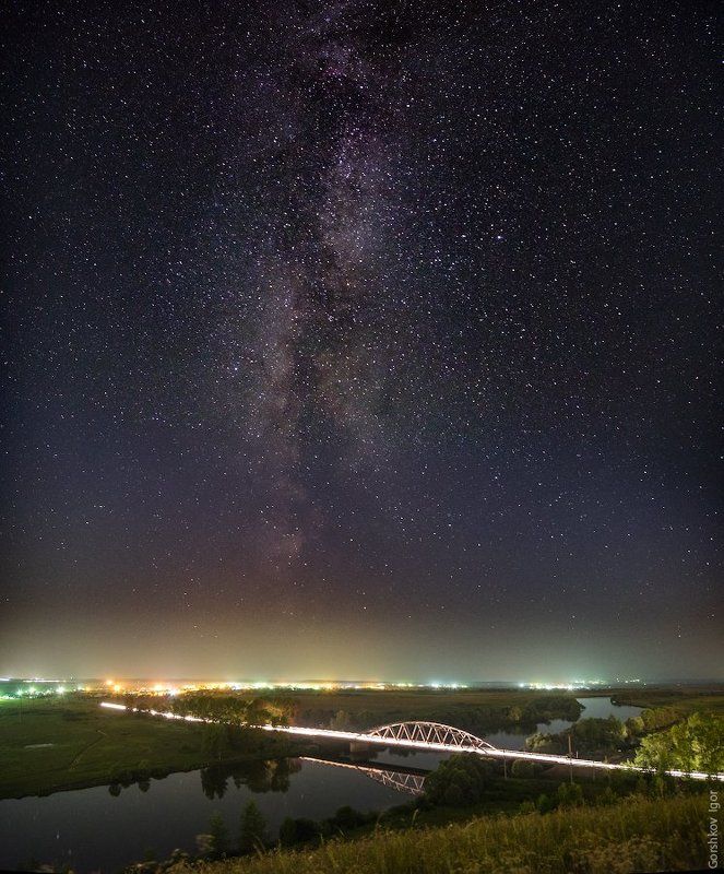 дорога, звёздное небо, звёзды, млечный путь, мост, ночное небо, ночной пейзаж, ночь, панорама, пейзаж, река, свет, татарстан Мостыphoto preview