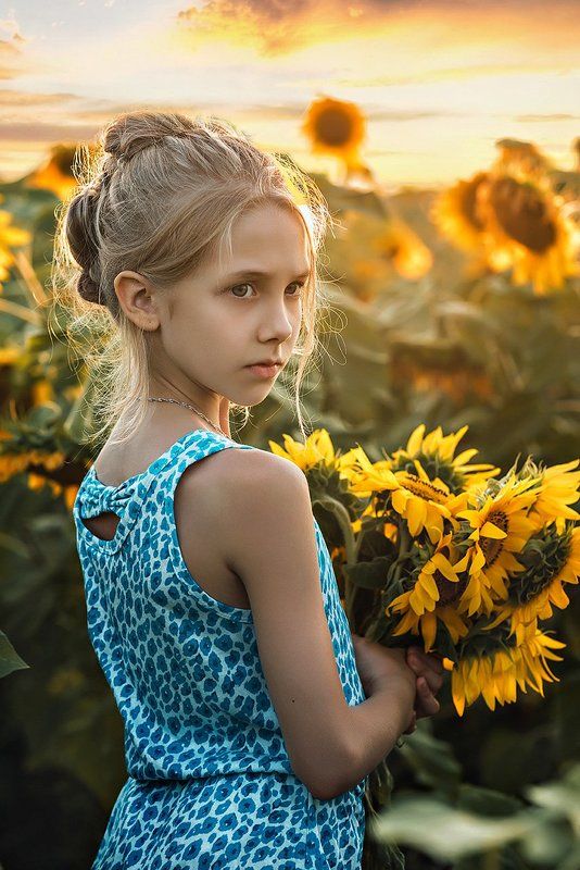85мм, Девочка, Закат, Подсолнухи, Поле, Цветы sunflowersphoto preview