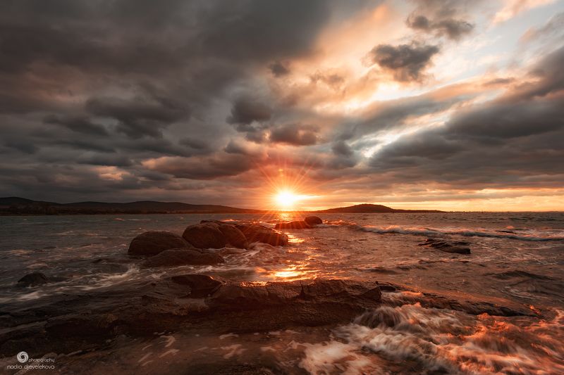 sunset, sun, sky, cloudscape, landscape, waves, rocks October sunsetphoto preview