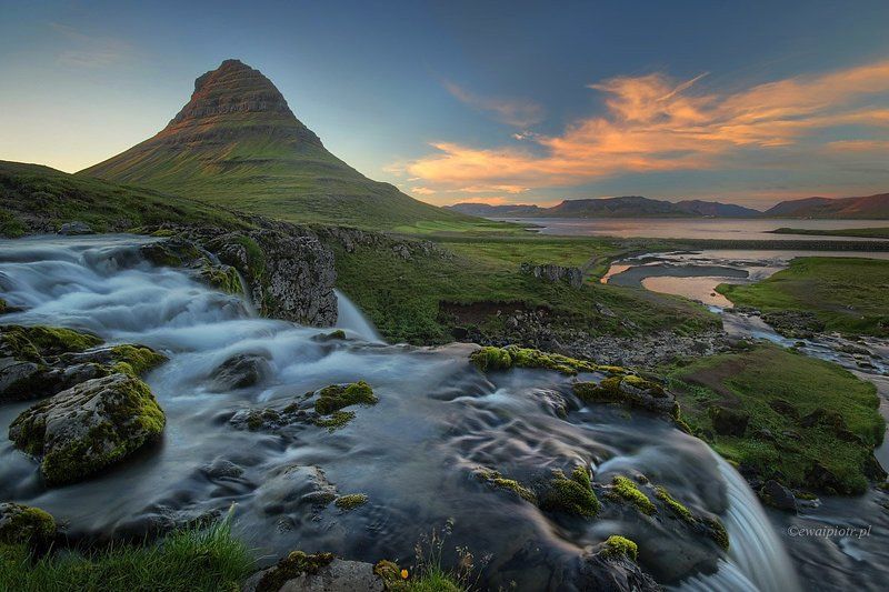 Iceland, Kirkjufell, waterfall, mountain, sunset Kirkjufell and Kirkjufellsfossphoto preview