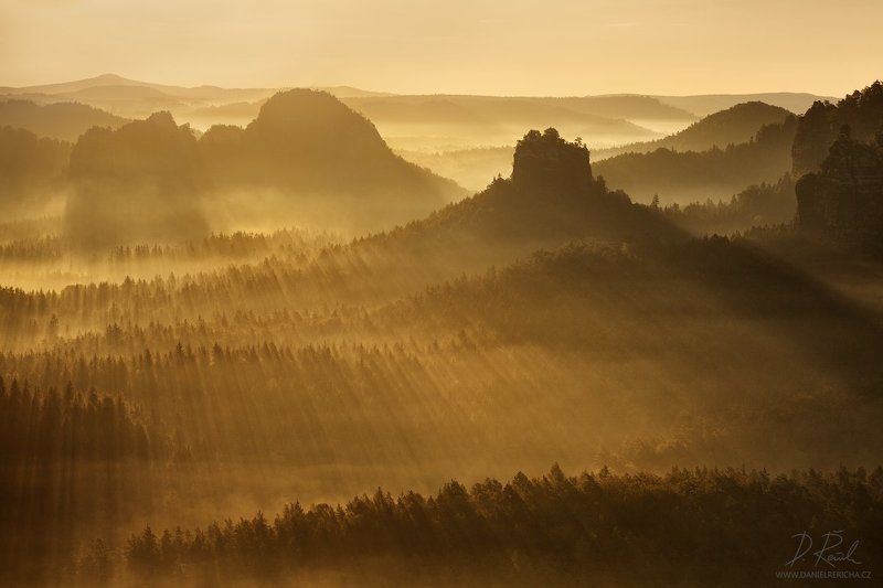 Germany, Czech-saxon Switzerland, Saxon Switzerland, Saxony, Sächsische schweiz, Kleiner Winterberg, Winterberg, Klainer Zschand, Elbe Sandstone, elbsandstein, elbsandsteingebirge, sandstone, europe, sunbeams, trees, sky, landscape, forest,  daniel rerich Sunbeams in the landscapephoto preview