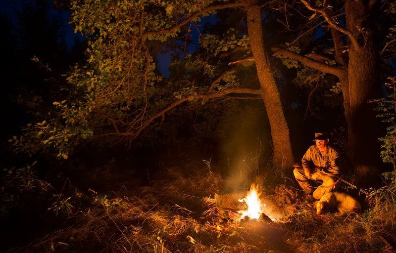 костер, ночь, ночевка, звездное небо, охота, охотник, собака, саров Охотничьи историиphoto preview