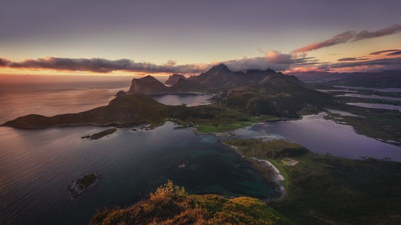Горы, Закат, Лофотены, Норвегия, Пейзаж, Природа Offersøykammen фото превью