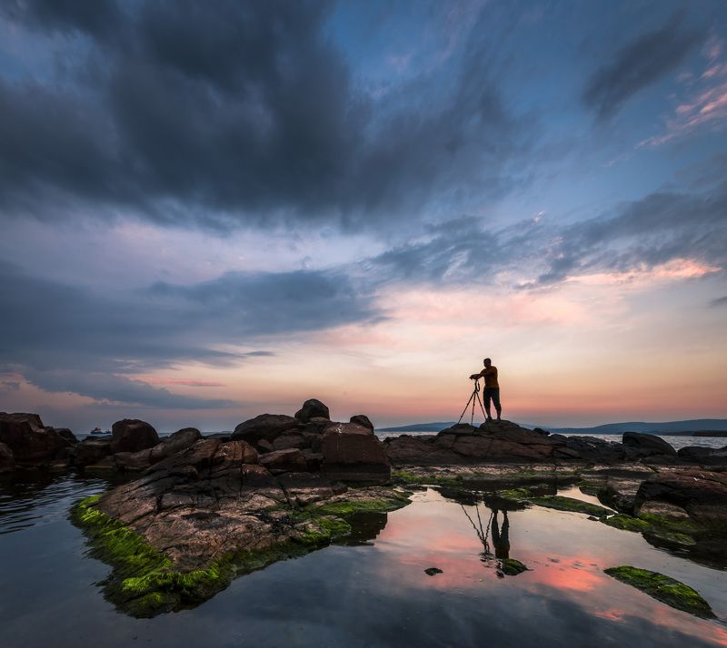 sunset, reflection, sea, seascape, photographer, rocks, landscape The photographer and the sunsetphoto preview