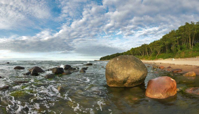 балтийское море, берег, камни, облака, пляж, лес, вечер Камни у мыса Купальный.photo preview