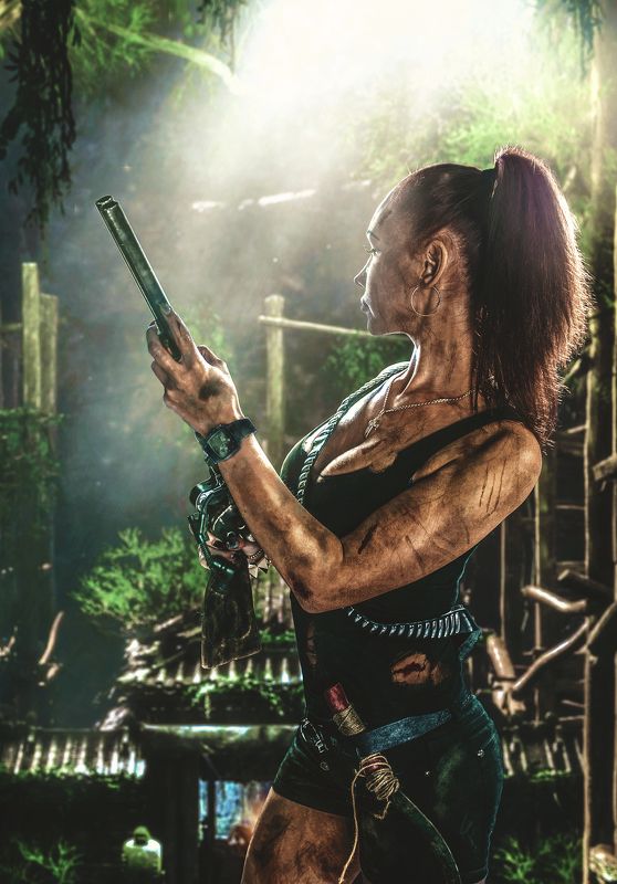 Художественная ретушь, джунгли, оружие, портрет Lara Croftphoto preview