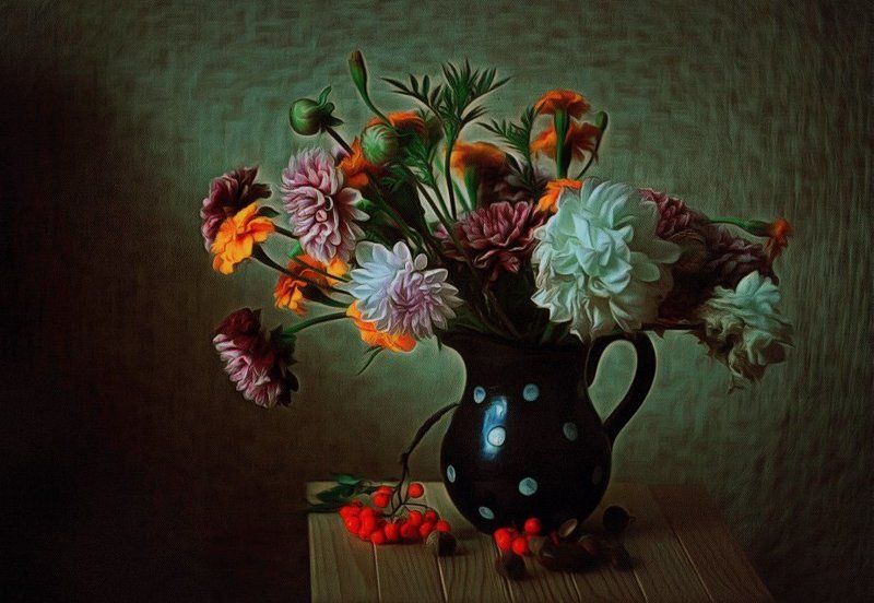 .георгины., Натюрморт, Рябина, Цветы Осенний натюрморт фото превью