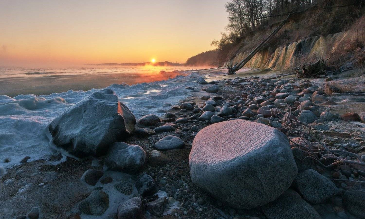 море, зима, побережье, Балтийское море, камни, рассвет, утро, январь, Владимир Петрукович