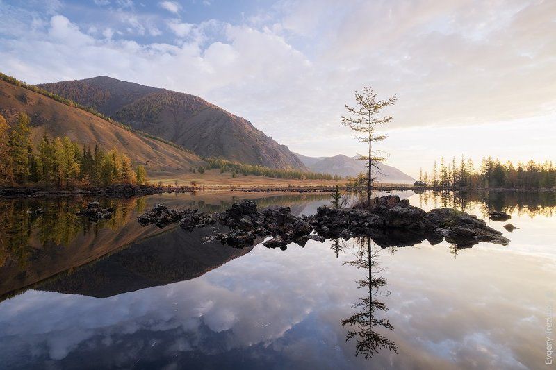 Бурятия, Древо, Лава, Небо, Облака, Озеро, Осень, Остров, Отражения, Рассвет Остров лавыphoto preview