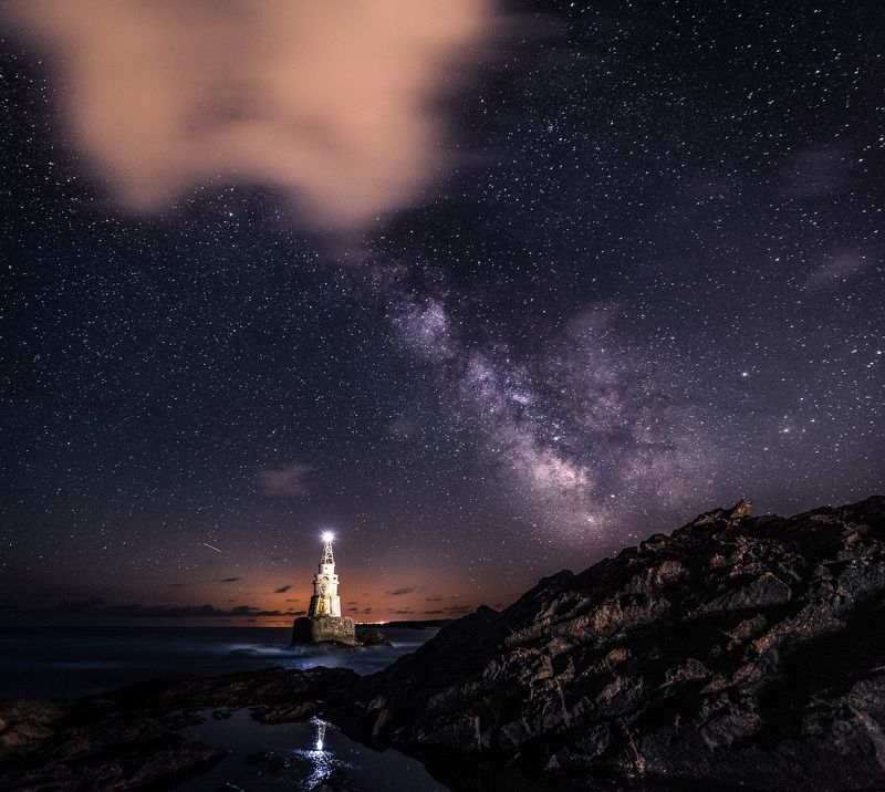 star, cloud, Milky way, lighthouse, sea, rock The lighthouse under the Milky wayphoto preview