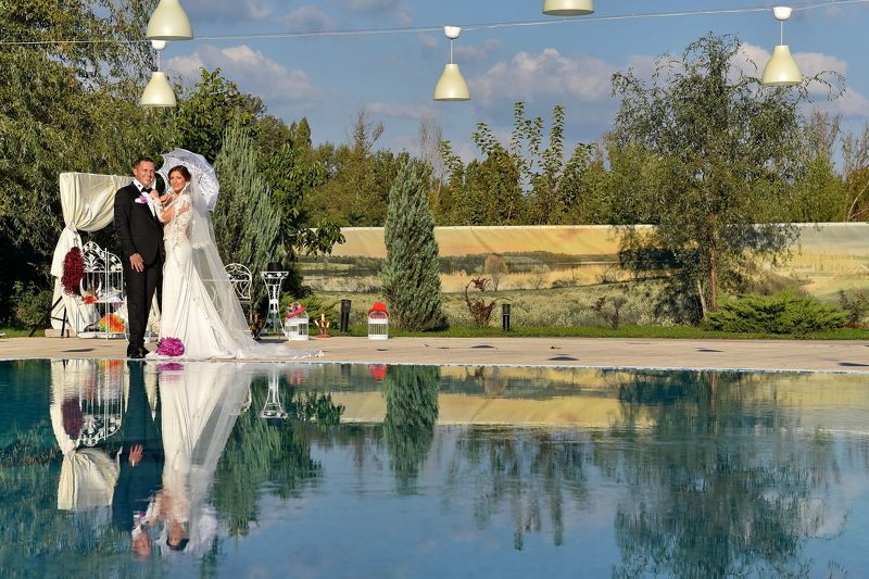 bride, groom, nature, sky, clouds, colors, married, reflection, water Wedding Dayphoto preview