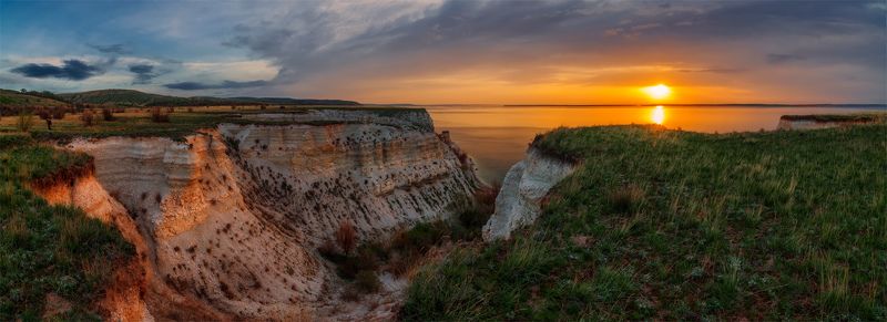 Берег, Весна, Волга, Восход, Небо, Панорама, Пейзаж, Природа, Рассвет, Река, Солнце, Утро *****photo preview