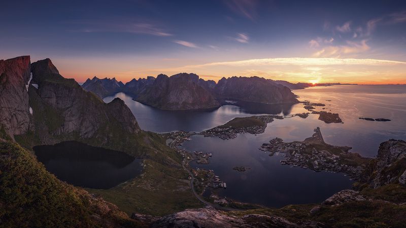 Горы, Лофотены, Норвегия, Пейзаж, Рассвет Рассвет на Reinebringen фото превью