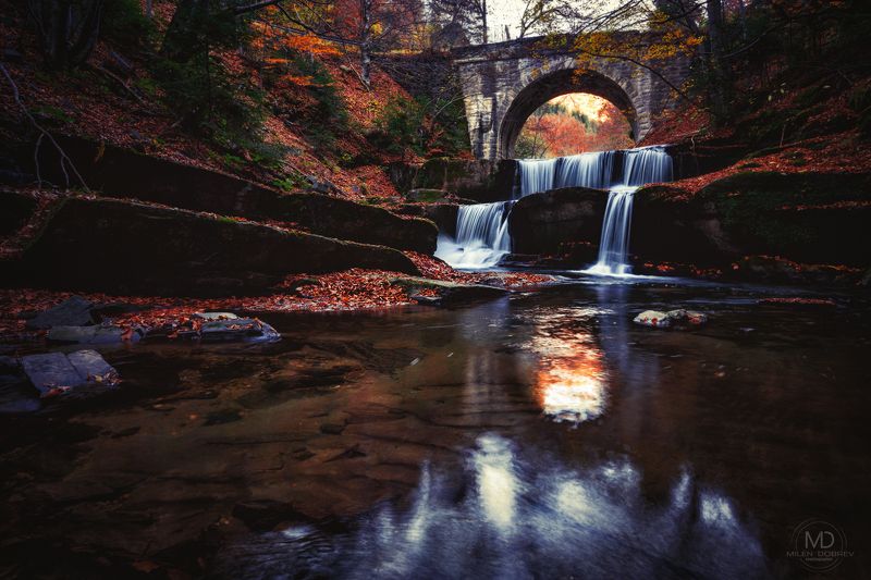 Autumn, bridge, waterfall photo preview