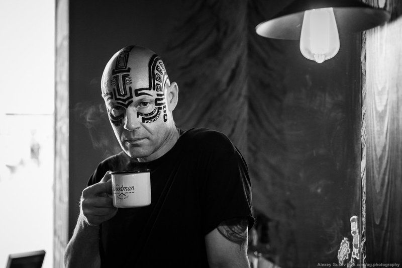 man,bodyart,makeup, face,cup,black and white,noir,dark One more cup of coffeephoto preview