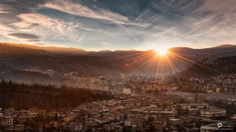 sunset, winter, sky, sun, clouds, cloudscape, tryavna, bulgaria Winter sunset at Tryavna town, Bulgariaphoto preview