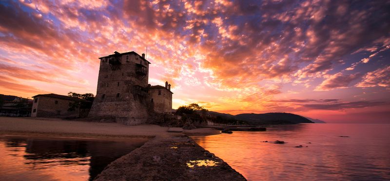 ouranoupolis, sunrise, tower, sea, sky, clouds, stone, water, shoadows Ouranoupolis\' sunrisephoto preview