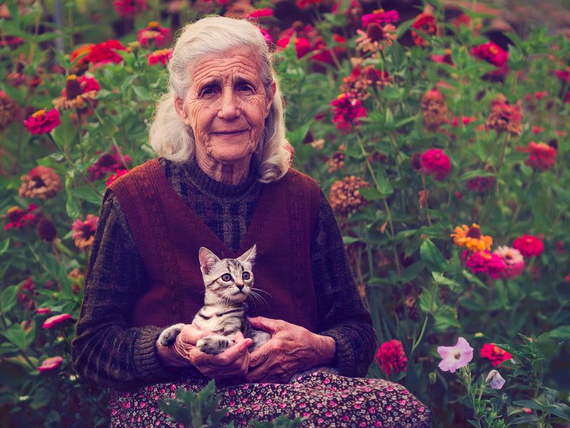 flowers, friends, cat, old woman, portrait Friends of the flowersphoto preview