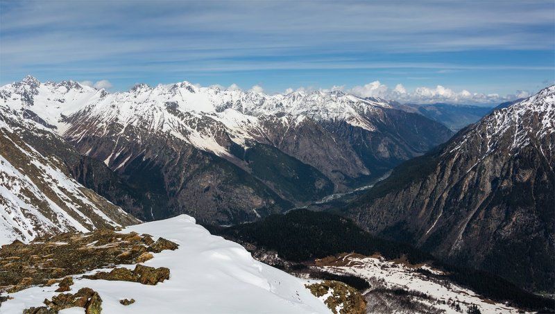 весна, горы, домбай, кавказ, панорама, пейзаж, природа, река, северный кавказ, снег Домбайphoto preview
